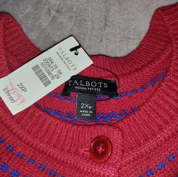 🆕Talbots | Lambswool Fair Isle Holiday Nordic Cardigan Sweater in Red Size 2XP - Picture 3 of 10